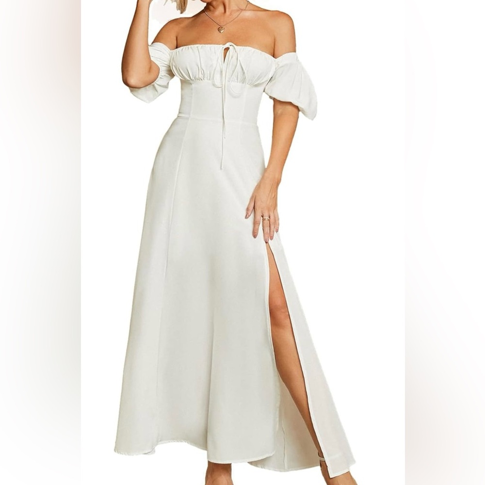 Women's White Summer Puff Sleeve Split Maxi Dress Flowy A Line